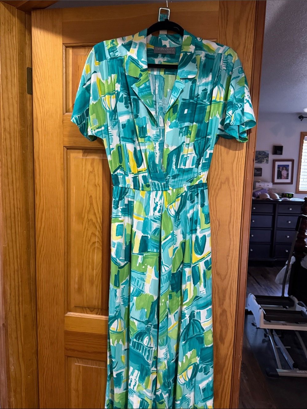 Abstract Teal & Green Print Maxi Dress — Elastic Waist, Short Sleeve